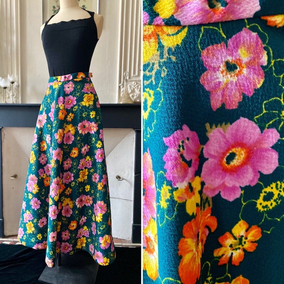 Maxi vintage skirt 70s green bottle with colorful