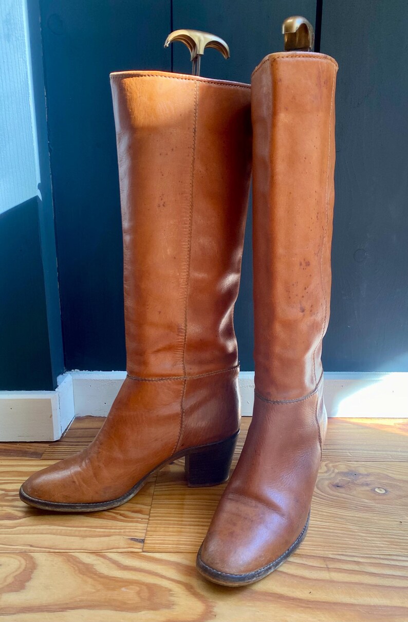 Stunning Vintage 80s Leather Riding Boots With Heels, Amber Brown