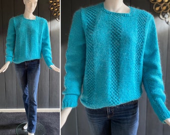 Pull vintage 80s en laine tricoté main couleur bleu turquoise Taille 40/42/L