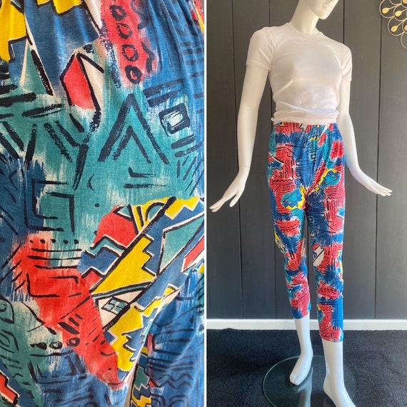 Vintage 80s Leggings With Colorful Abstract Jungle City Patterns
