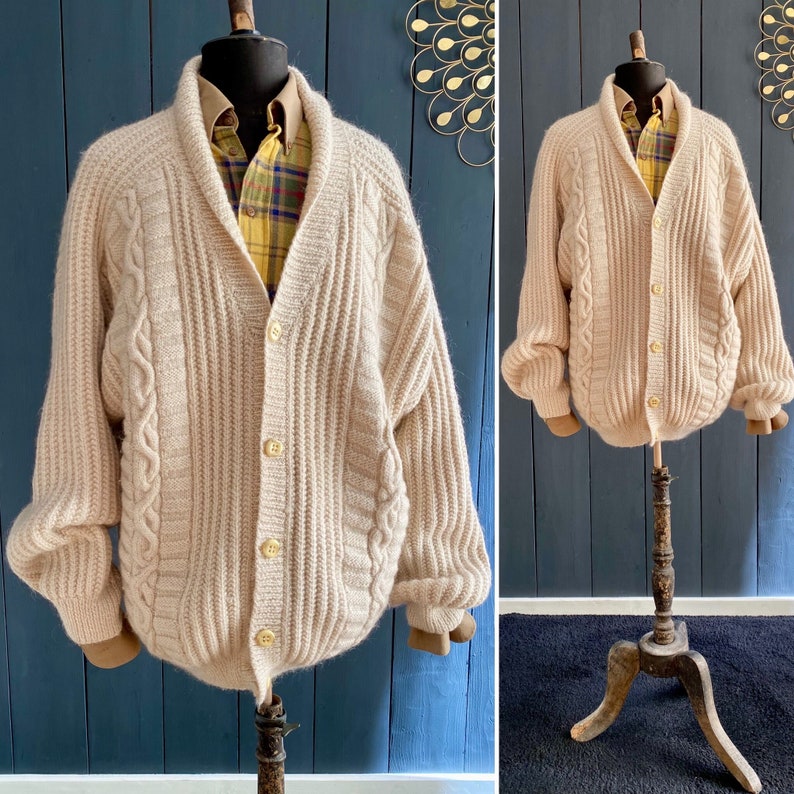 Superbe cardigan/gilet vintage 80s en laine tricoté main couleur blanc crème Taille 3/4XL Homme image 1