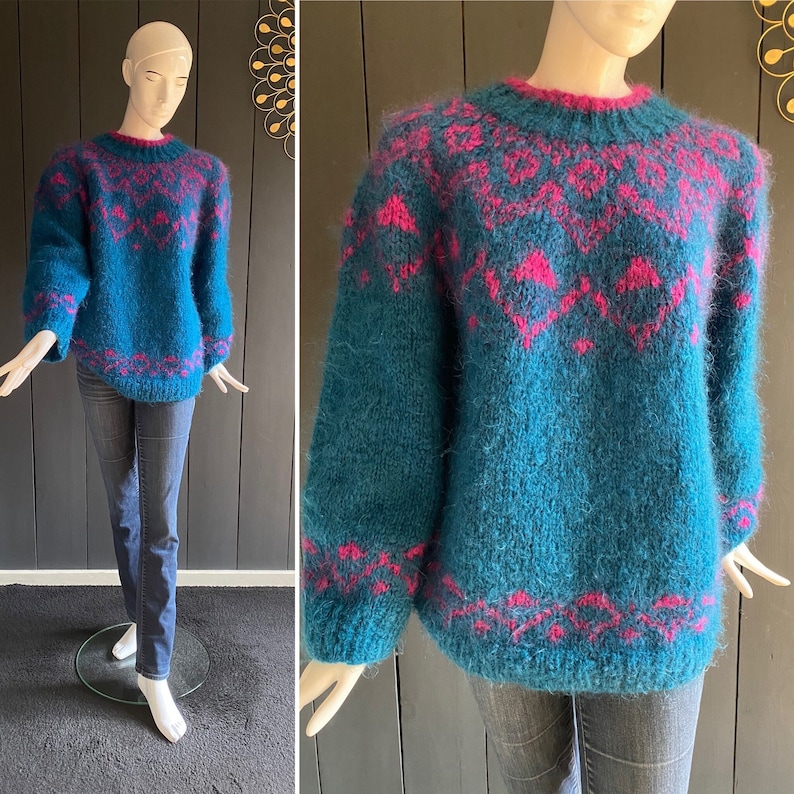 Large vintage 90s hand-knitted wool sweater boho/chunky style Size 44/46/2XL image 1