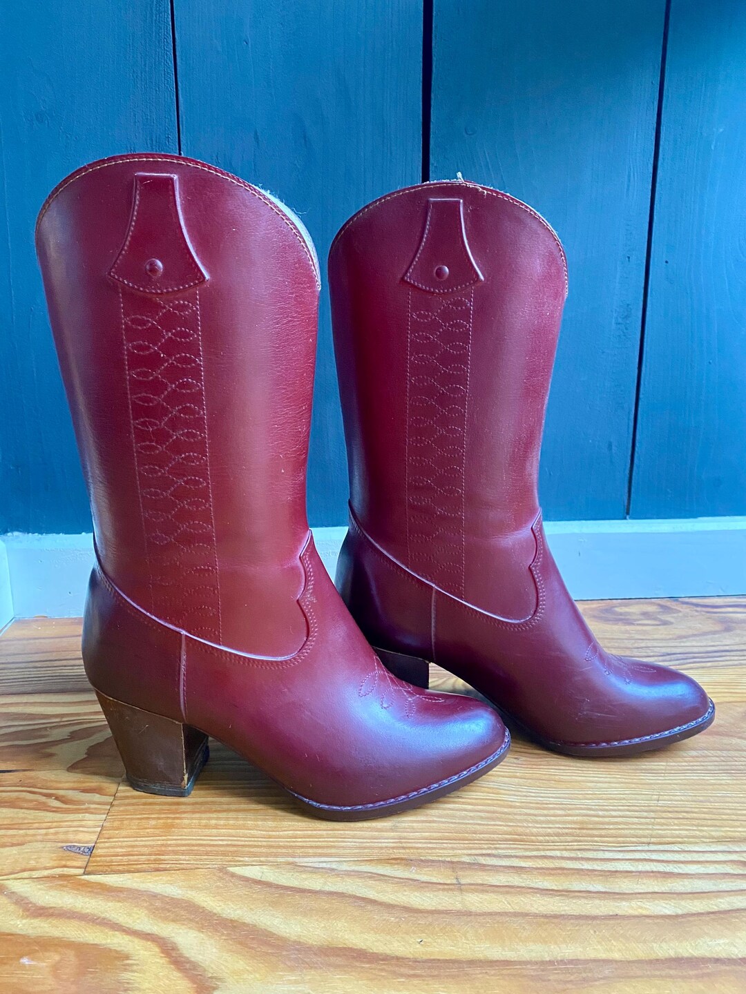 Vintage 80s Aigle imitatieleren rubberen laarzen, cowboystijl