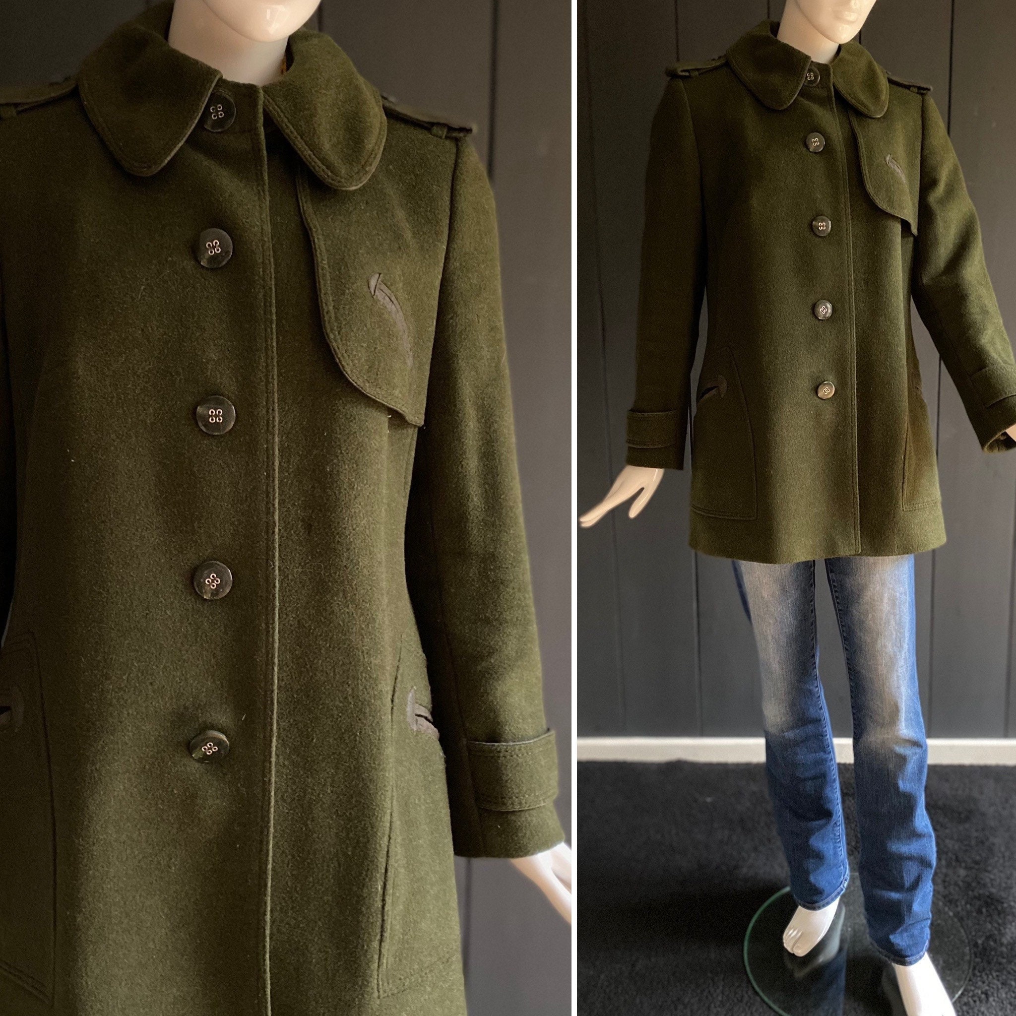 Vintage 60s/70s Women's Coat in Khaki Wool, Loden Style, Flared Cut, Size 38/40 Vintage 60s/70s Women's Coat in Khaki Wool, Loden Style, Flared Cut, Size 38/40