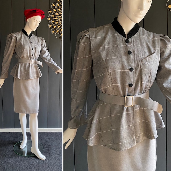 Vintage 80s 1940s inspired skirt suit with belt, Size S