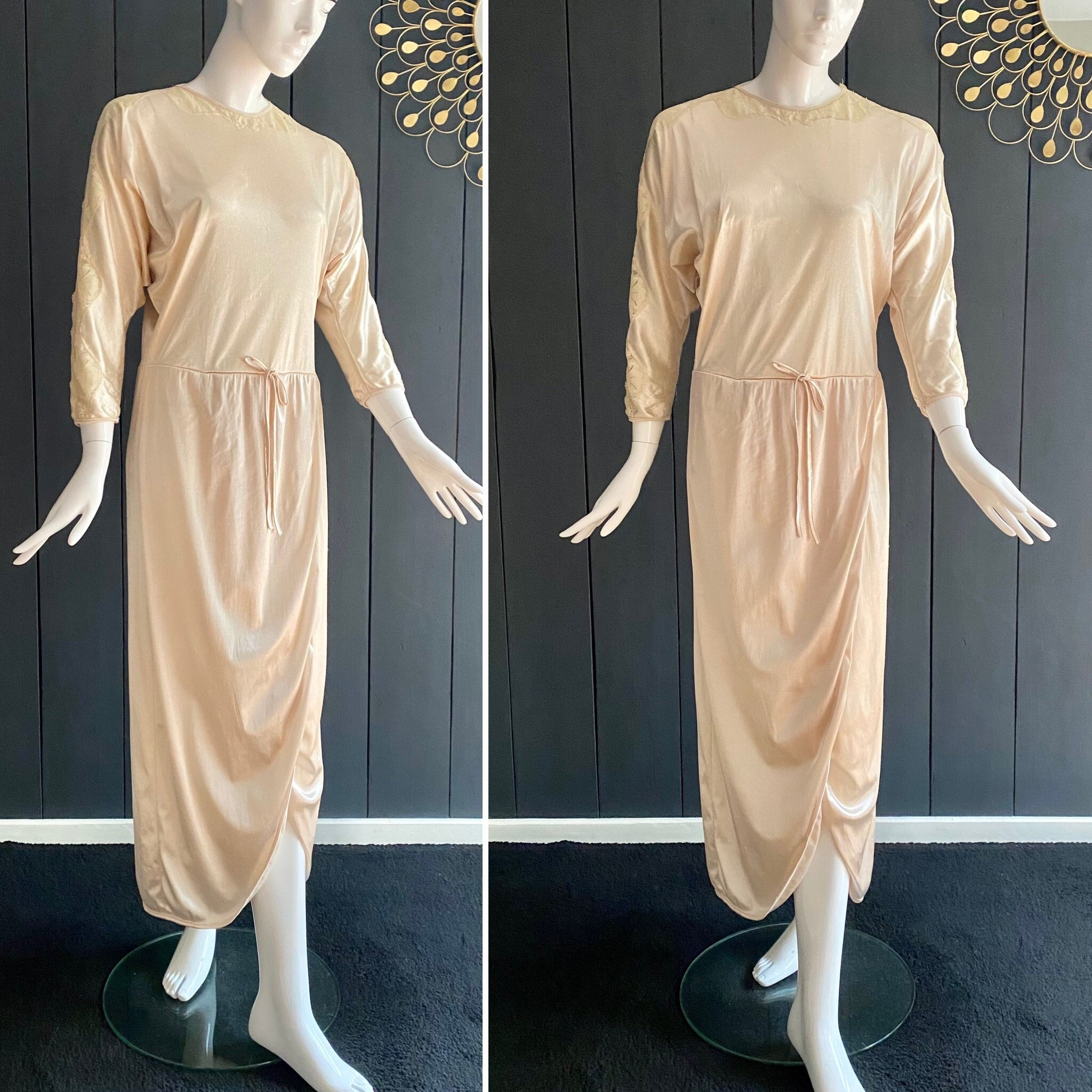 Robe De Nuit Vintage Longue En Coton Gaufré Blanc - Taille 36/38, Manches Ballon, France
