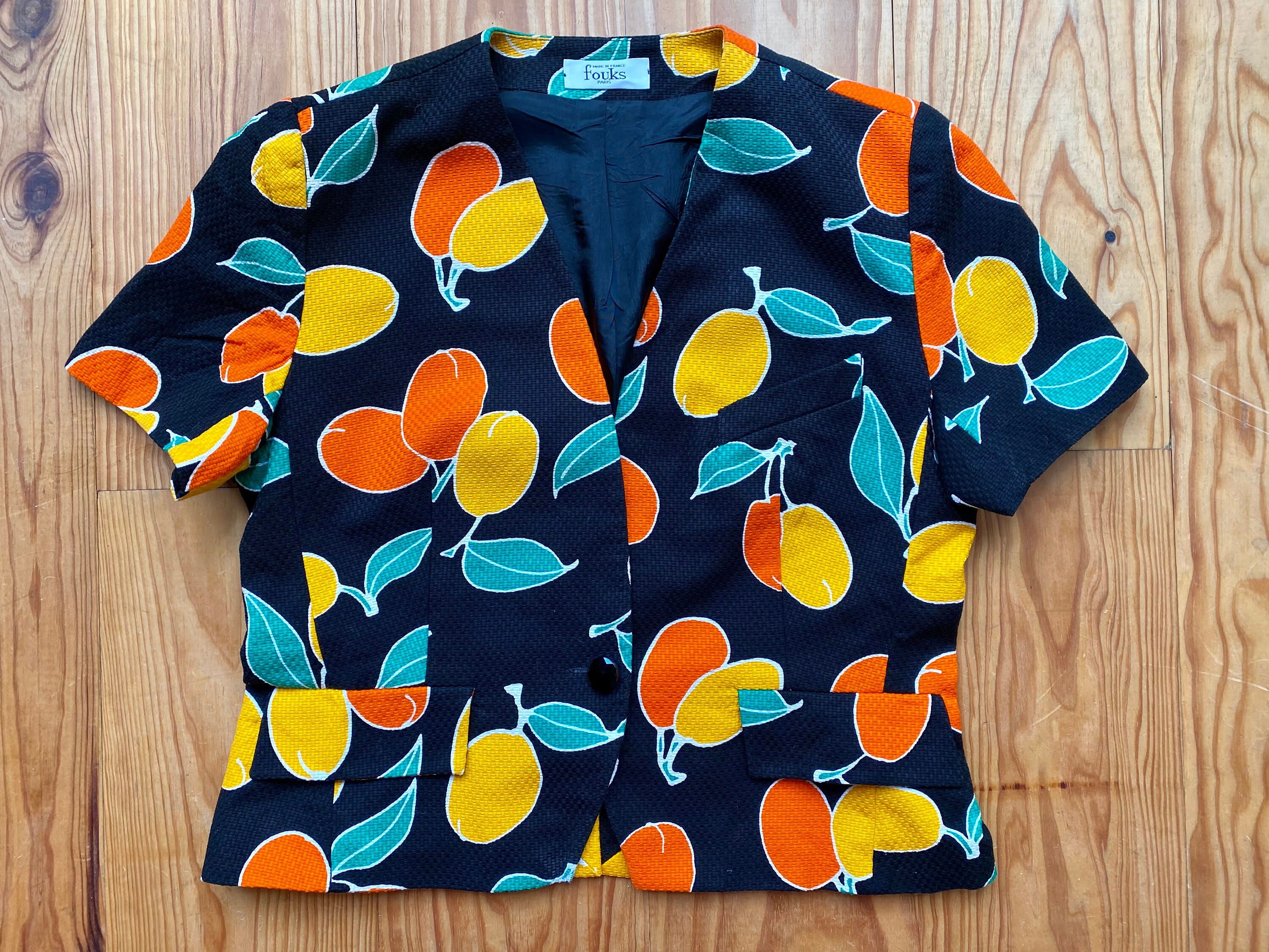 Vintage 80s Short Sleeve Jacket in Black Woven Cotton With