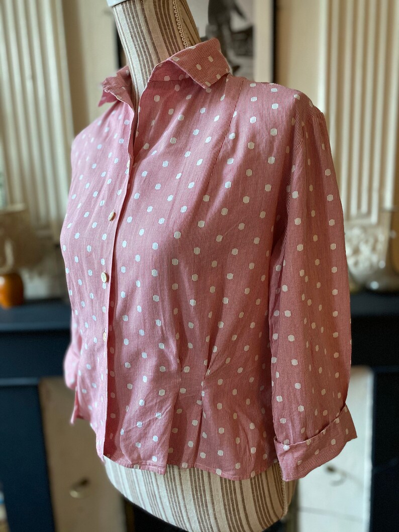 Vintage women/'s blouse 60 in cotton with thin red stripes and white polka dots T 40