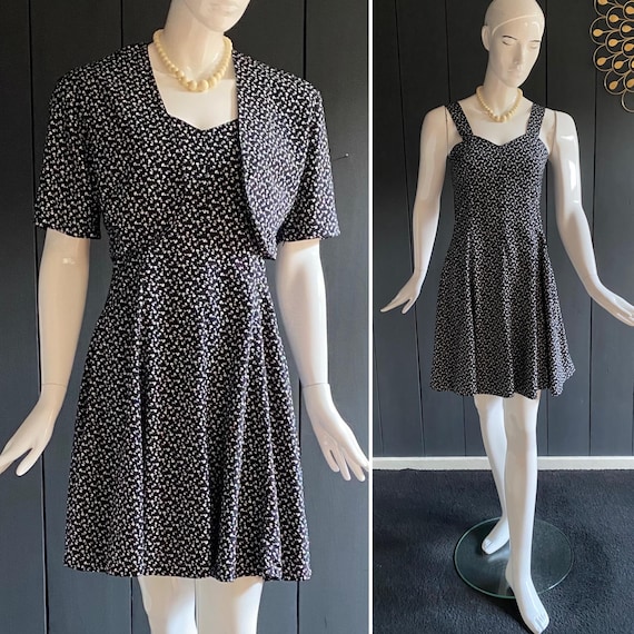 Vintage 90s Black dress and bolero set with small White flowers - Size 34-36 FR / 6-8 UK / 2-4 US