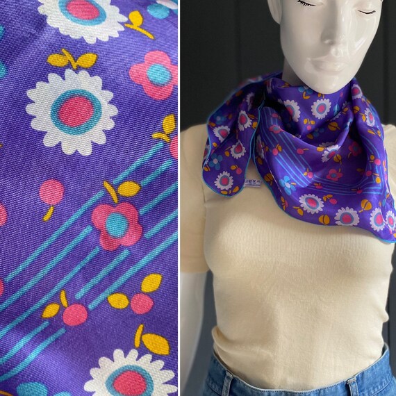 Carre foulard La Redoute vintage 70s violet motifs fleurs et rayures en matiere fine et satinee Etsy France
