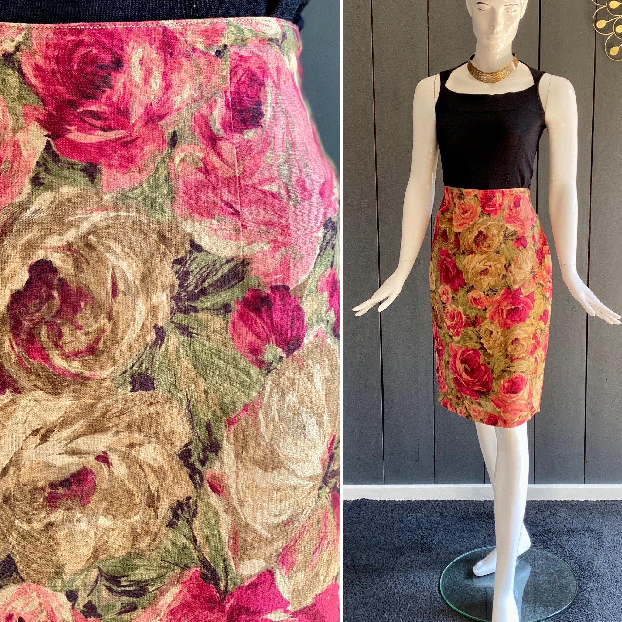 Maxmara Vintage Y2K Straight Cut Linen Skirt With Floral Pattern  