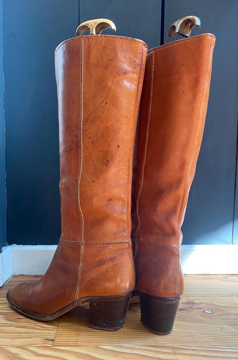 Stunning Vintage 80s Leather Riding Boots With Heels, Amber Brown