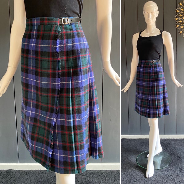 Jupe plissée vintage 80s façon kilt motif plaid/écossais dominantes bleues, rouges et vertes longueur midi en pure laine Taille 42/44//L