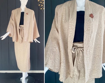 Ensemble veste + jupe en soie de Chine vintage 80s couleur beige Taille 42/44/L/XL