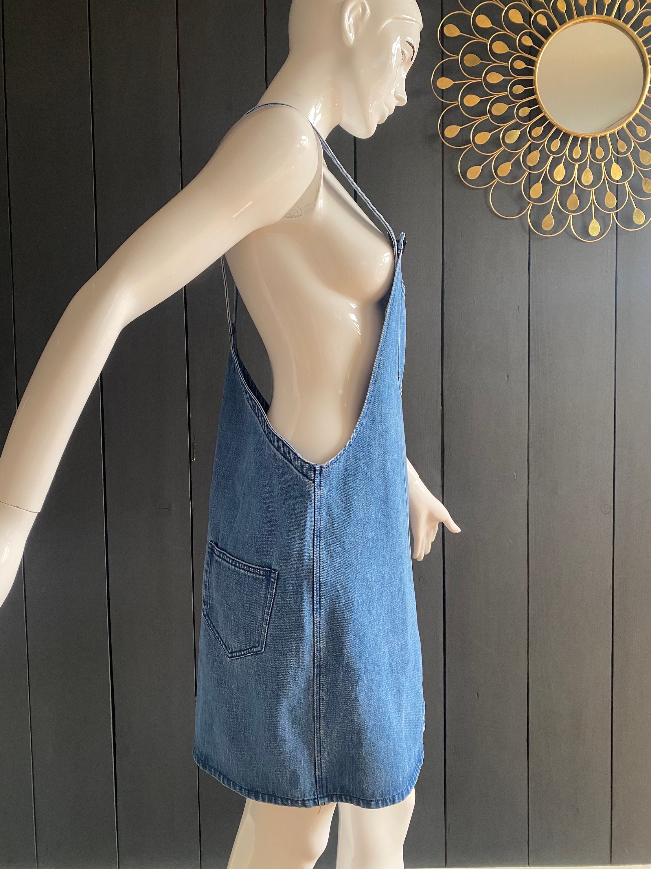 vintage denim dungaree dress Vintage Cobalt Blue Dungaree Dress Denim Pinafore Jean Apron Girly Fashion L