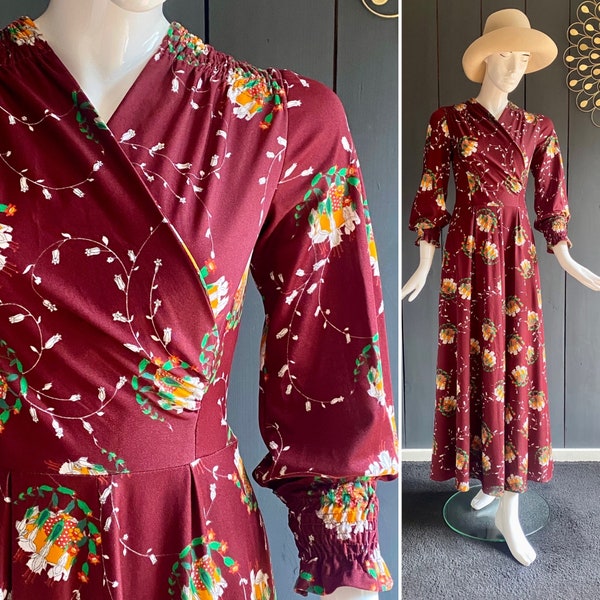 Maxi robe vintage 70s style hippie chic/bohême couleur lie de vin motifs floral stylisé Taille 34/36/XS/S