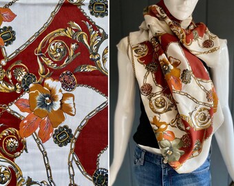 Large vintage 90s white pashmina with chain, jewel and floral patterns in autumnal tones