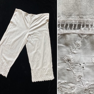 Antique Victorian handmade white cotton lace hem panties, size 36/38