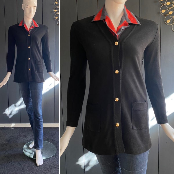 Cardigan vintage 80s noir mat en lainage fin et dense, Taille 36/S