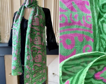 Superb vintage 70s boho maxi scarf in shades of green and pink, Indian block print patterns.