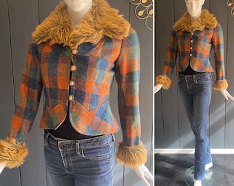 Vintage 60/70s jacket in woven wool with multicolored checks + faux fur Size 36/S
