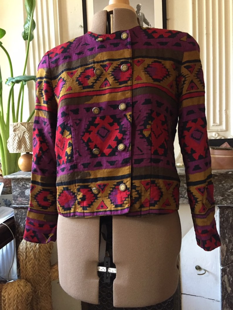 Vintage 80s wool jacket thin Ikat pattern beautiful shimmering T 40