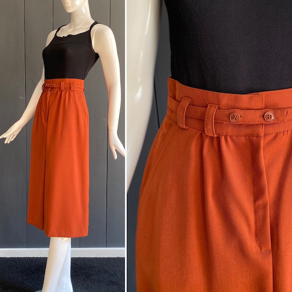 Élégante jupe vintage 70s en laine mélangée, coupe évasée, longueur midi, couleur brun orangé, T 32/34