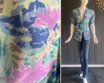 Caroline Rohmer Vintage 80er Jahre Kimono-Stil transparente Bluse aus reiner Seide mit passendem Gürtel/Schal, Größe L/XL