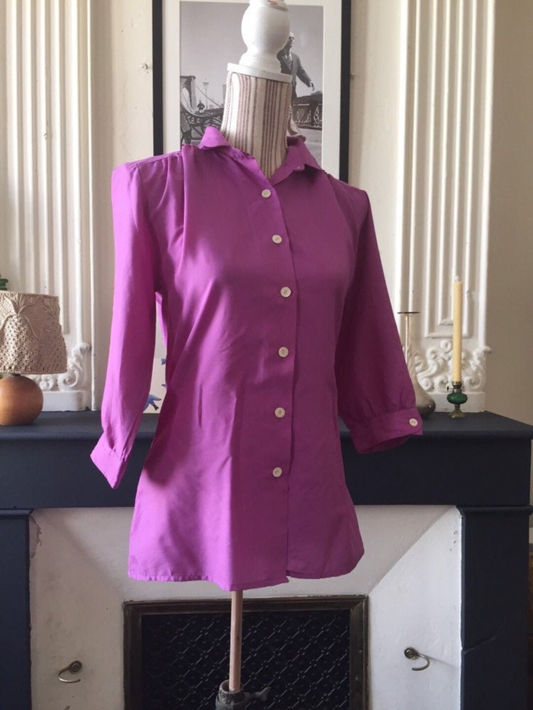 Cuello Mao Blusa Color Morada Elegante Blusa De Mujer Vintage Años