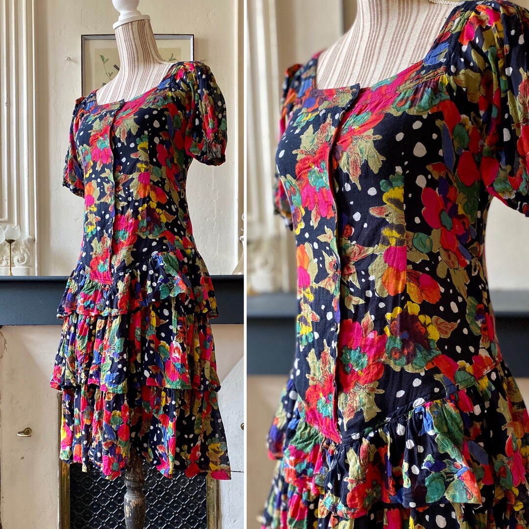 80s Ruffles Vintage 80s Dress With Ruffles Below the Waist and Balloon Sleeves ...