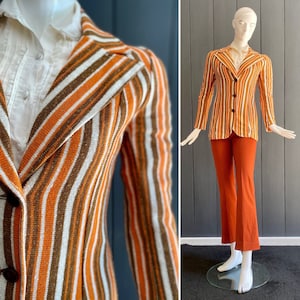 Vintage 70s women&#39;s jacket in soft linen blend material, with white, brown and orange vertical stripes, size 36 to 38