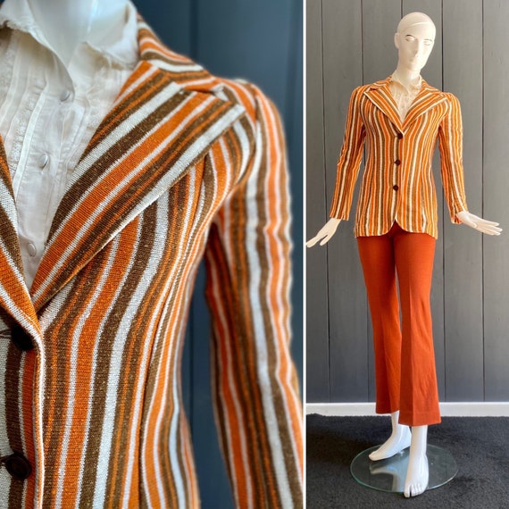 Veste femme vintage 70s en matière souple lin mélangé, à rayures verticales blanches, brunes et orangées, T 36 à 38
