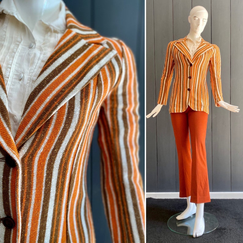May include: A striped blazer and matching pants in brown, orange, and white. The blazer has a notched collar and a single button closure. The pants are wide-legged and have a straight leg.