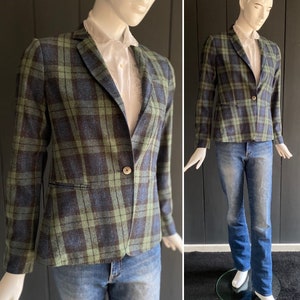 Fine vintage 90s jacket/blazer in woven silk with blue and sea green checks, size 38/38