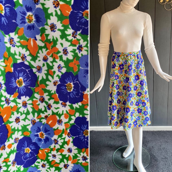 Ravissante jupe vintage 70s cousue main, verte avec imprimé floral vitaminé, Taille 34/36