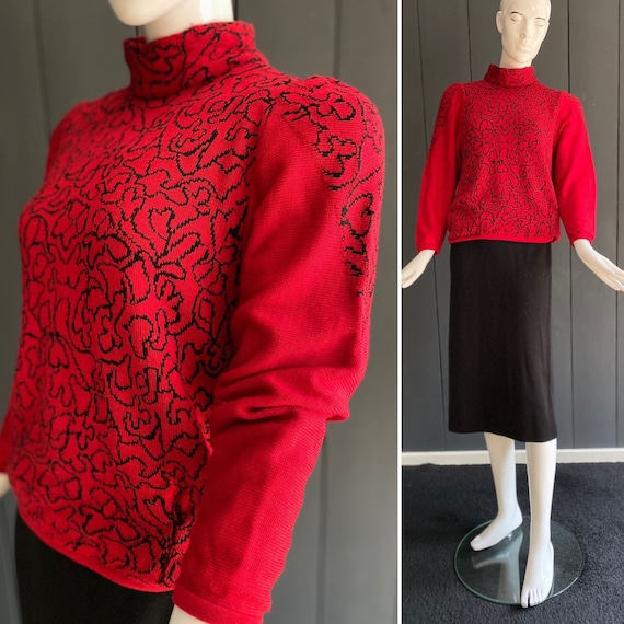Pull femme Nina Ricci vintage 80s en lainage rouge vif a motifs noirs avec col cheminee et detail boutonne sur la taille T 36 38 Etsy France