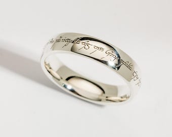Silver/Medium: Custom golden Elven ring engraved with your own personalized text - sterling silver, &#39;Medium&#39; design