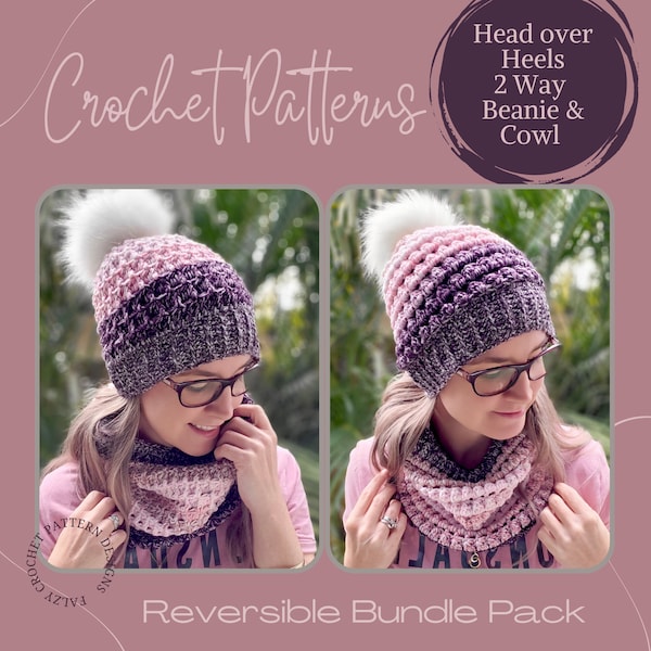 Head over Heels 2 Way Beanie & Cowl Crochet Patterns Bundle Pack, Crochet Pattern, Winter Patterns, Cowl, Beanie