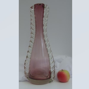 Unusual Tall 20th Century Murano aubergine glass vase, waisted form with applied glass frills to sides