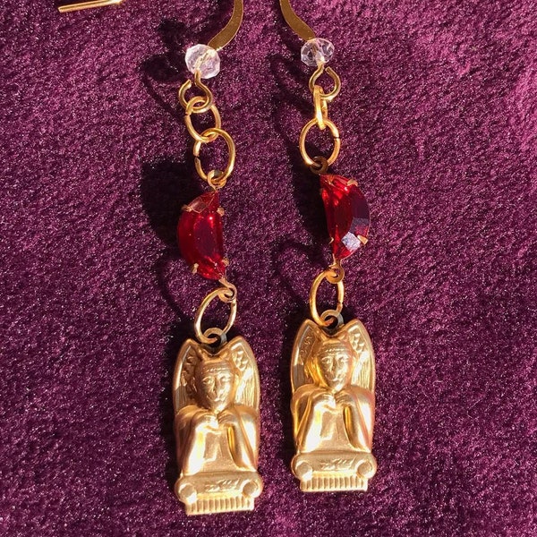 Golden Gargoyle under a Red Moon Earring Vintage Foiled Glass Half Moon Charm and Raw Brass Gargoyle