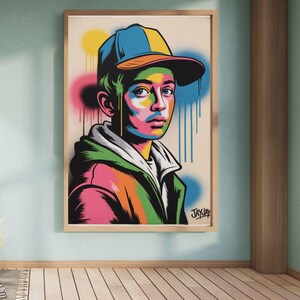 Gatubarn Graffiti Konsttryck | JayJay Pop Urban Portrait | Färgglad Digital Väggkonst Nedladdning
