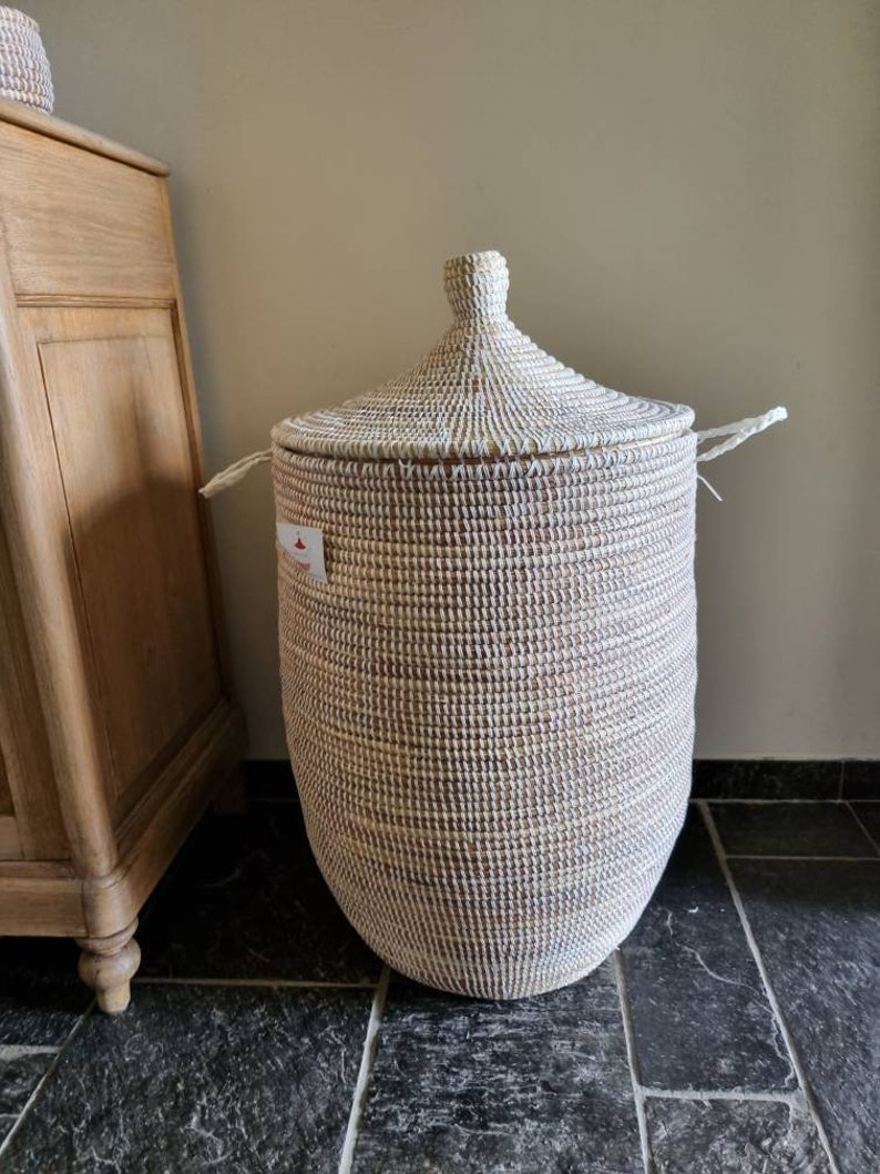 Witte afrikaanse fairtrade zeegras wasmand uit Senegal 80 cm. zdjęcie 8