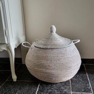 May include: A round, white woven basket with a matching conical lid and two side handles. The basket features a textured, coiled construction and a pointed finial on top of the lid, providing a structured storage solution with a neutral aesthetic.