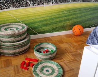 May include: A collection of woven baskets in varying sizes, featuring a green and natural color scheme. The baskets are arranged on a wooden floor, with an orange basketball and red toy blocks nearby. A large stadium mural is in the background.