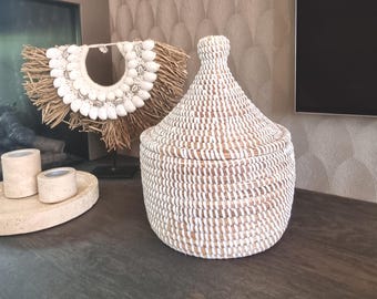 Afrikaanse tradicional zeegras opbergmand Pequeño uit Senegal Wit Naturel