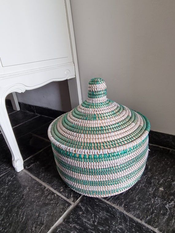 Fairtrade Afrikaanse Rieten Opbergmand groen wit