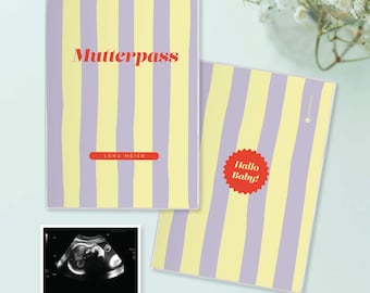 May include: Two rectangular covers with vertical light purple and pale yellow stripes. The left cover features the red text "Mutterpass" and "LENA MEIER" in a red box. The right cover has a red starburst shape with the text "Hallo Baby!".