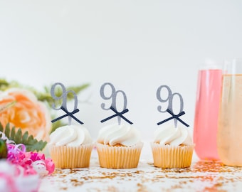 90th Birthday Cupcake Toppers, Ninety Cupcake Topper, Glitter
