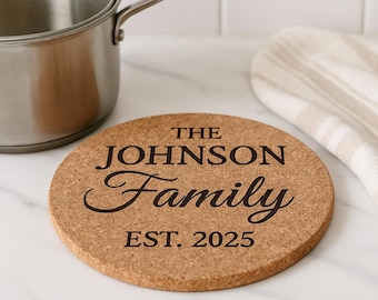 Personalized Cork Trivet: Custom Round Hot Pad, Rustic Kitchen Decor