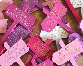 Hand Painted Mini Wooden 'A Fairy Lives Here' sign - Fairy Door Accessory - Fairy Garden